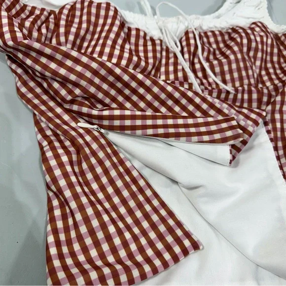 ZARA Gingham Corset Milk Maid Tank Top Rust White Ruched Tie Women’s Size XL - Picture 8 of 9
